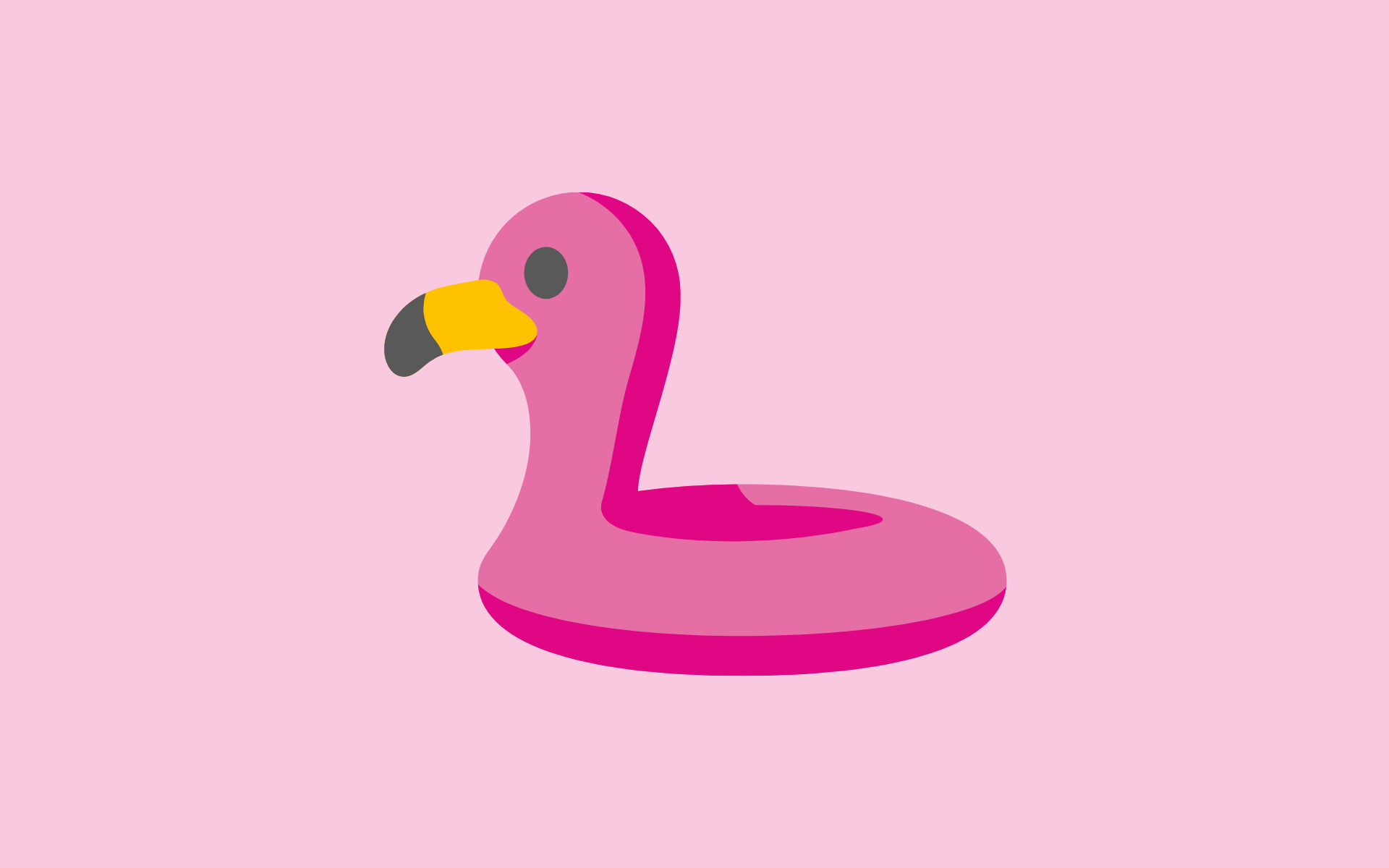 A pink flamingo floatie with a yellow beak and black eye is centered against a light pink background, appearing to float.