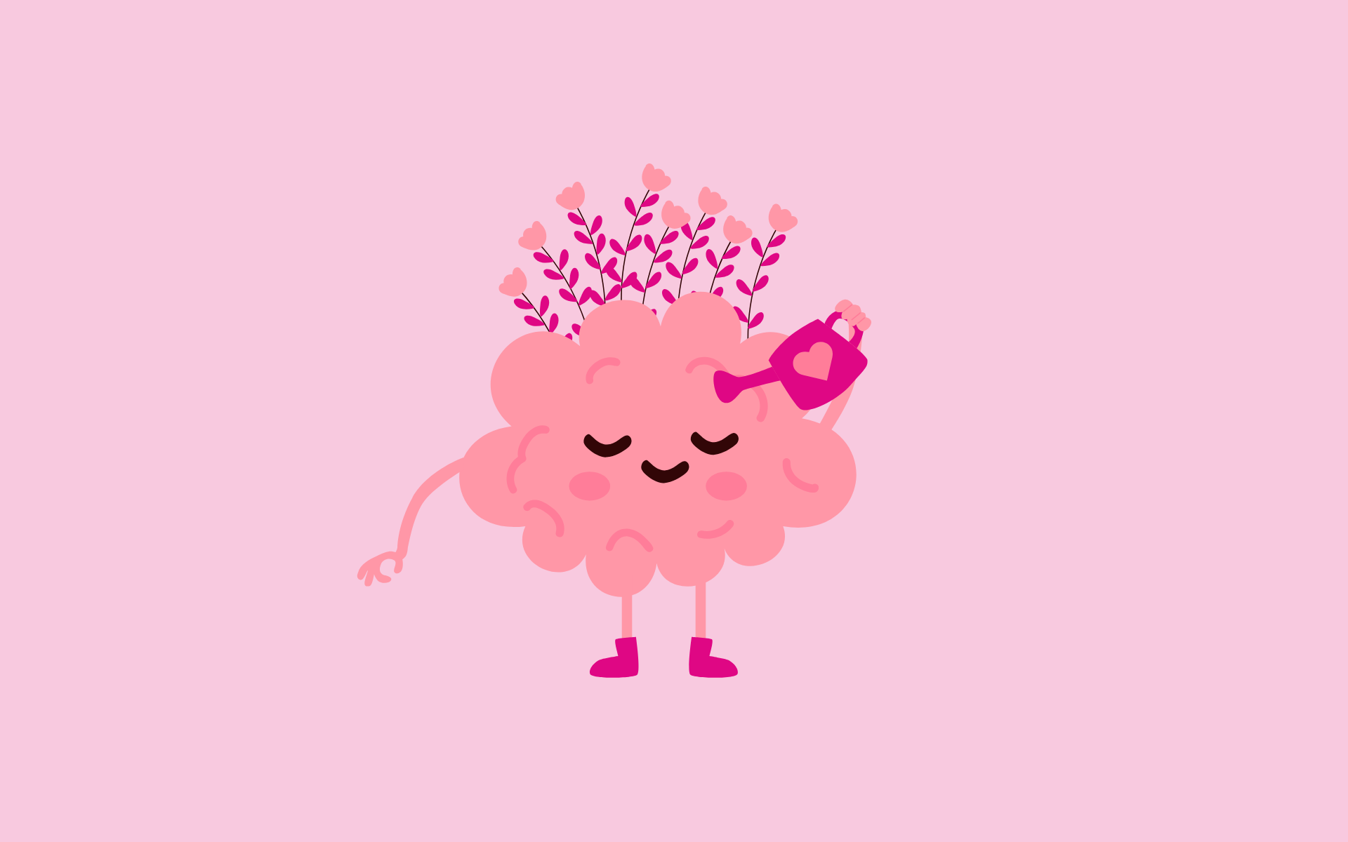 A pink brain character, with purple flowers and a watering can, stands upright against a solid pink background.