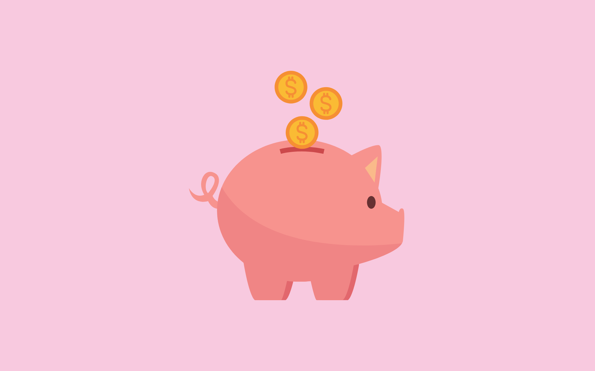 A pink piggy bank, tilted slightly, receives three gold coins, each featuring a large dollar sign, against a solid light pink background.